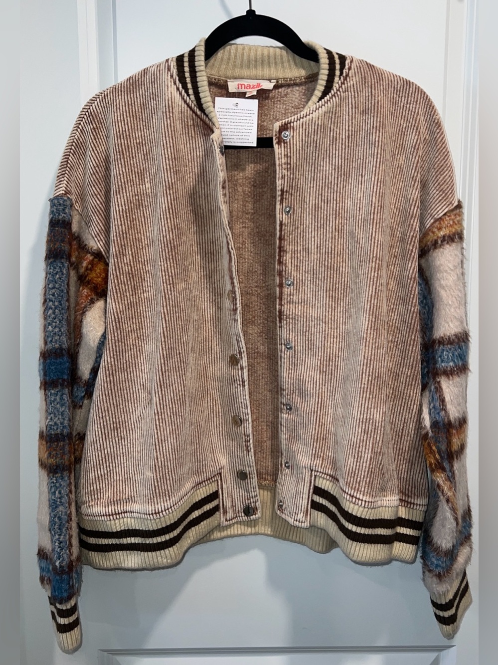 Mazik Women’s Beige Corduroy Bomber with Blue and Brown Plaid Sleeves Size M
